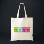 Cousin periodic table name tote bag<br><div class="desc">Cousin spelled out as Co U Si N (Cobalt Uranium Silicon Nitrogen) on a bag for the scientist in you.</div>