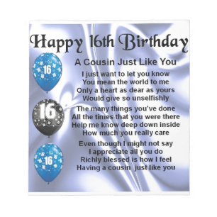 Cousin poem 16th Birthday - Blue Notepad