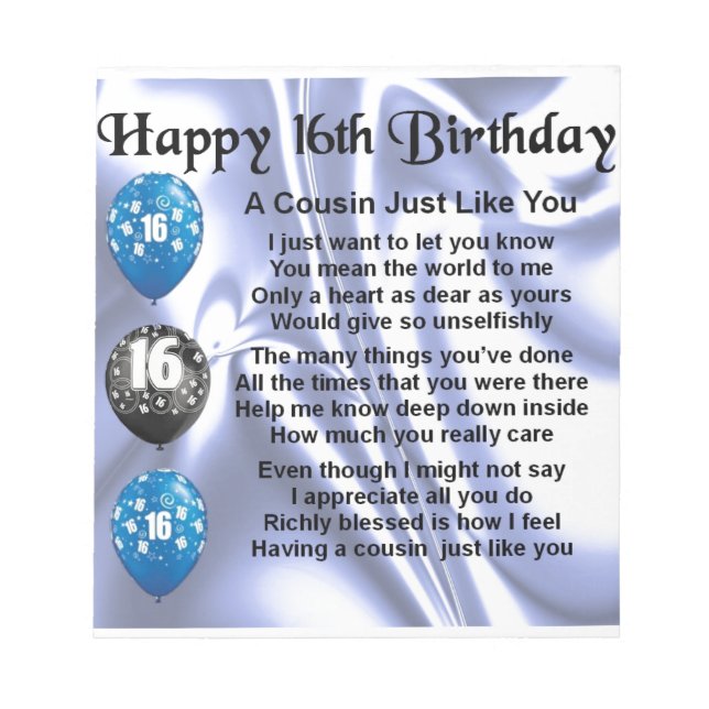 Cousin poem 16th Birthday - Blue Notepad (Front)