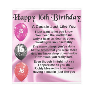 Cousin Poem 16th Birthday - Pink Notepad