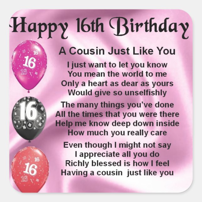 Cousin Poem 16th Birthday - Pink Square Sticker (Front)
