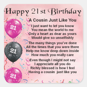 Cousin Poem - Pink- 21st birthday Square Sticker