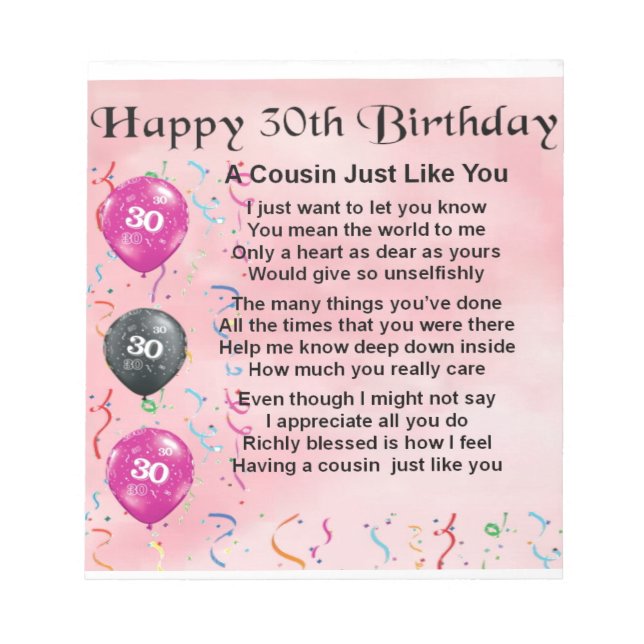 Cousin Poem - Pink - 30th Birthday Notepad (Front)