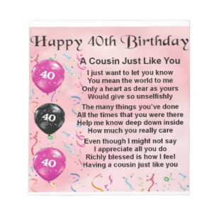 Cousin poem - pink - 40th birthday notepad