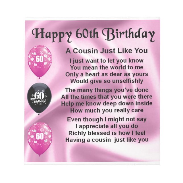 Cousin Poem - Pink- 60th Birthday Notepad (Front)