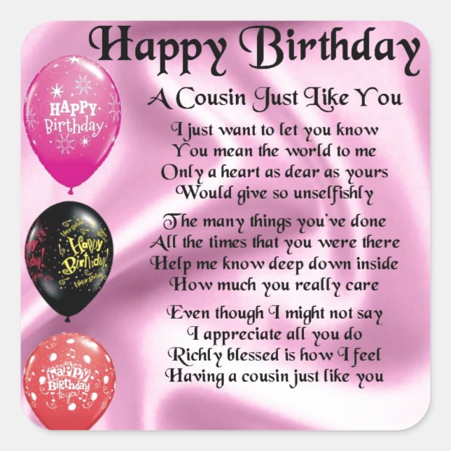Cousin poem - pink - Happy Birthday Square Sticker (Front)