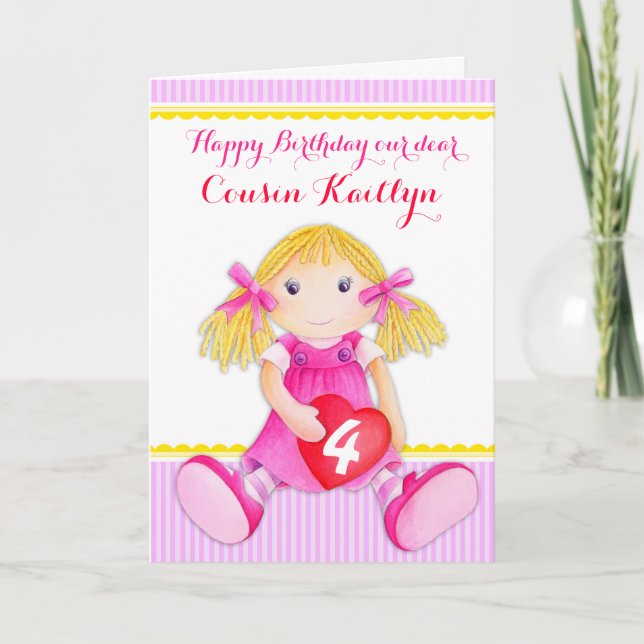 Cousin rag doll art age 4 birthday card (Front)