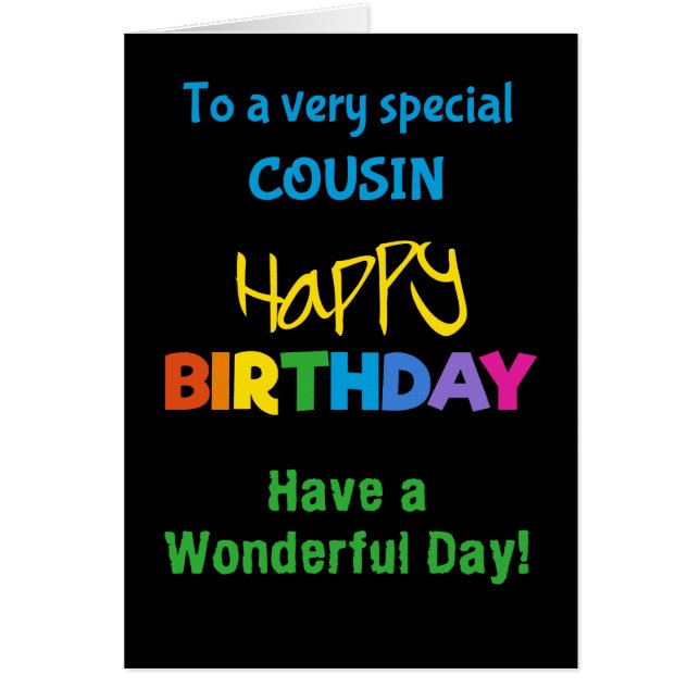 Cousin Rainbow Colours on Black Birthday Card (Front)