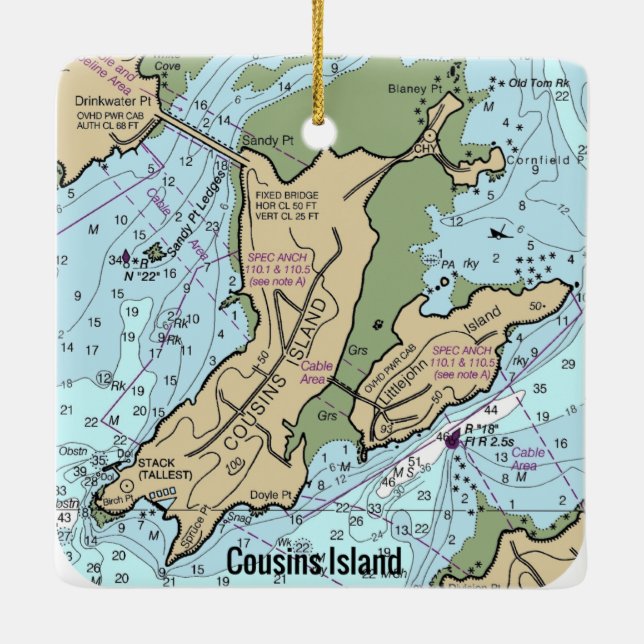 Cousins Island Maine Chart Ceramic Ornament (Back)