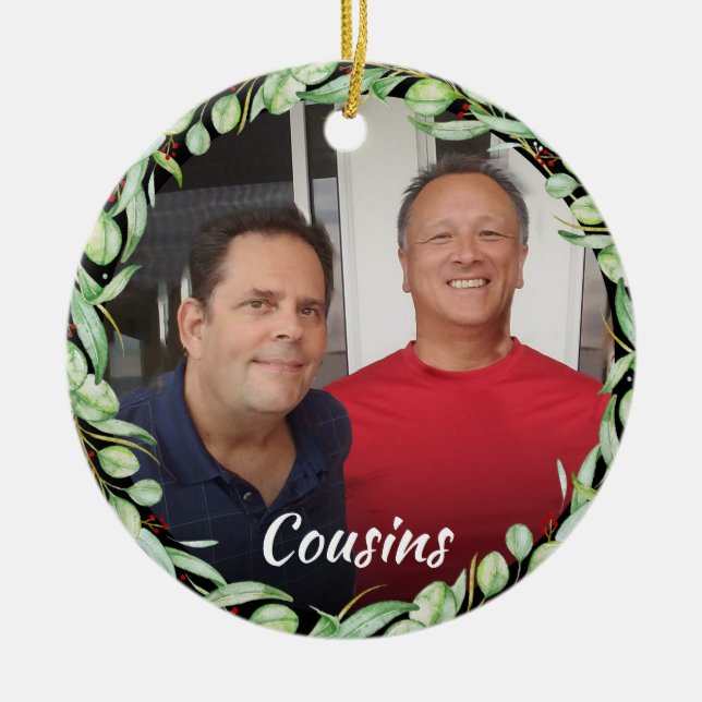 Cousins Own Photo Greenery Christmas Ceramic Tree Decoration (Front)
