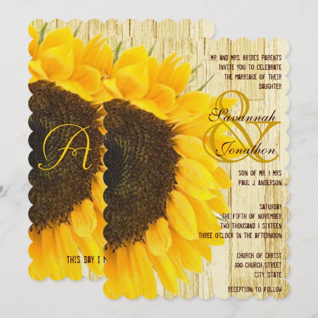 Coutry Chic Barn Wood Sunflower Wedding Invitation (Front/Back)