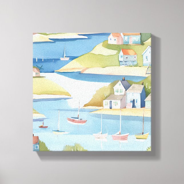 Cove of Boats | Modern Watercolor Painting Canvas Print (Front)