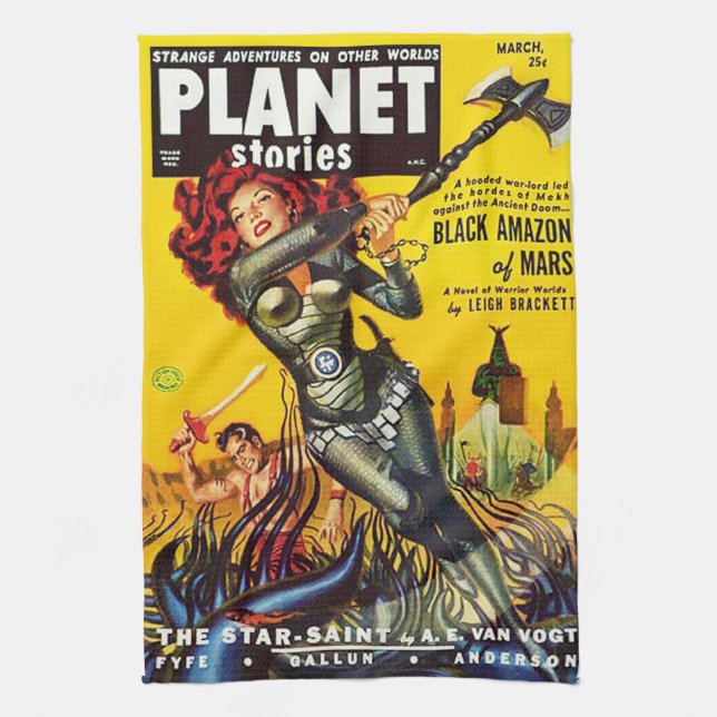 COVER DESIGN OF A 1950's SCI FI PULP PUBLICATION Tea Towel (Vertical)