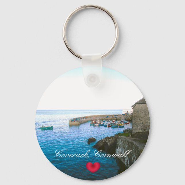 Coverack Harbour Post Office & Fishing Boat Photo Key Ring (Front)