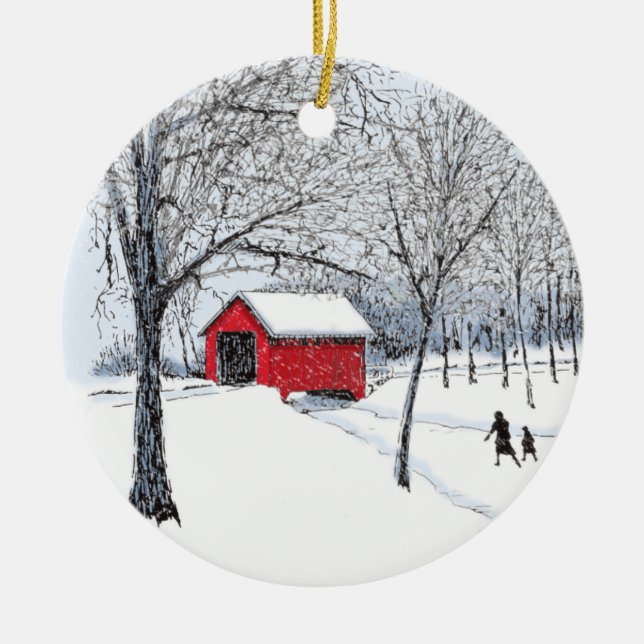 Covered Bridge Ceramic Tree Decoration (Front)