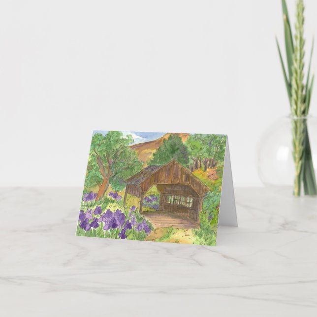 Covered Bridge Country Vintage Purple Iris Flowers Card (Front)