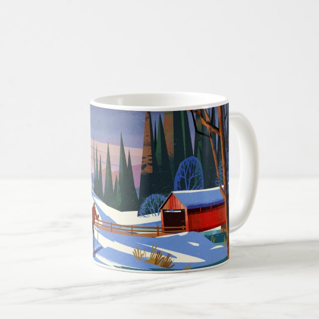 Covered bridge in winter with skier coffee mug (Front Right)