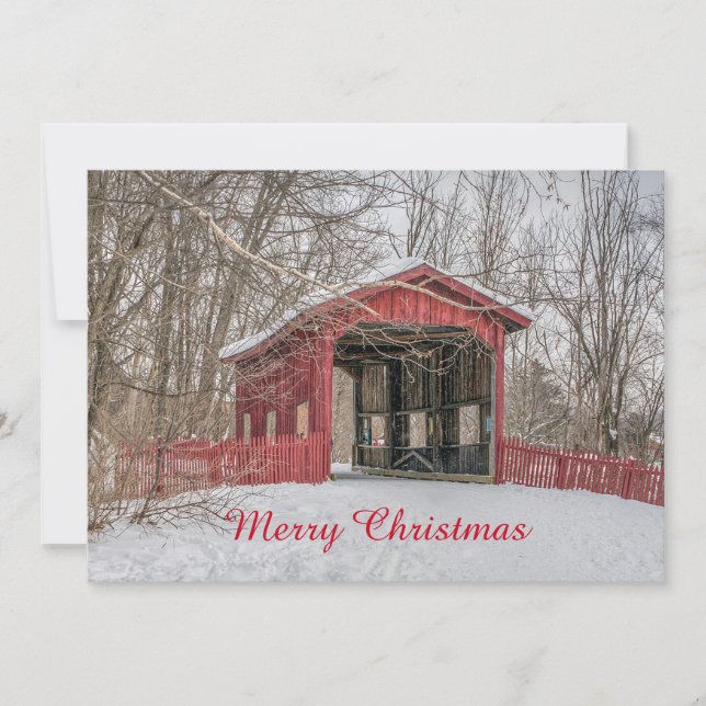 Covered Bridge Red Snow Photo Christmas Flat Holiday Card (Front)