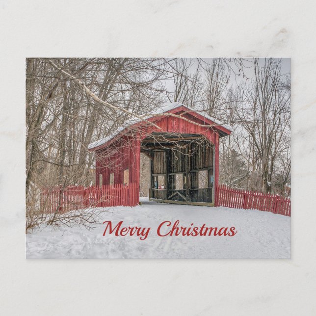 Covered Bridge Red Snow Photo Christmas Postcard (Front)