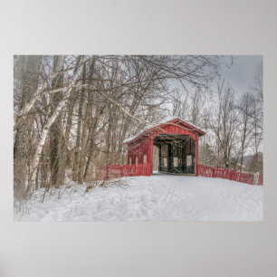 Covered Bridge Red Snow Photo Poster