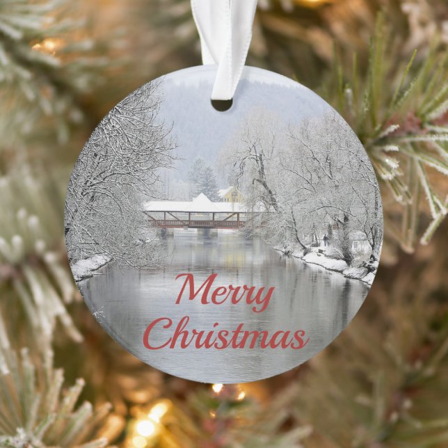 Covered Bridge Snow Photo Christmas Ornament (Tree)