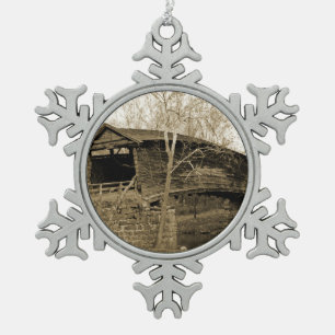 Covered Bridge Snowflake Pewter Christmas Ornament