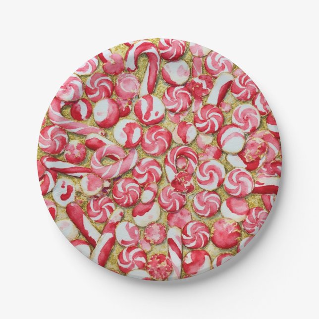 Covered Candy Cane Peppermint Gold Paper Plate  (Front)