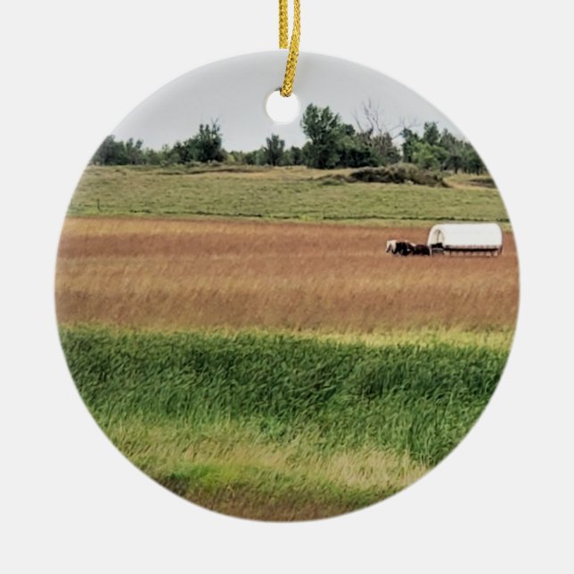 Covered Wagon at Laura Ingalls Wilder Homestead Ceramic Tree Decoration (Front)