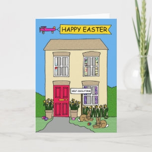 Covid 19 Happy Easter Cartoon House and Bunnies Card