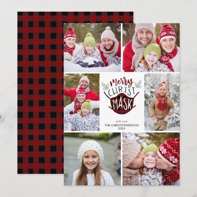 COVID-19 MERRY ChristMASK Buffalo Plaid 6 Photo Holiday Card (Front/Back)