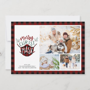 COVID-19 MERRY ChristMASK Buffalo Plaid Red Photo Holiday Card