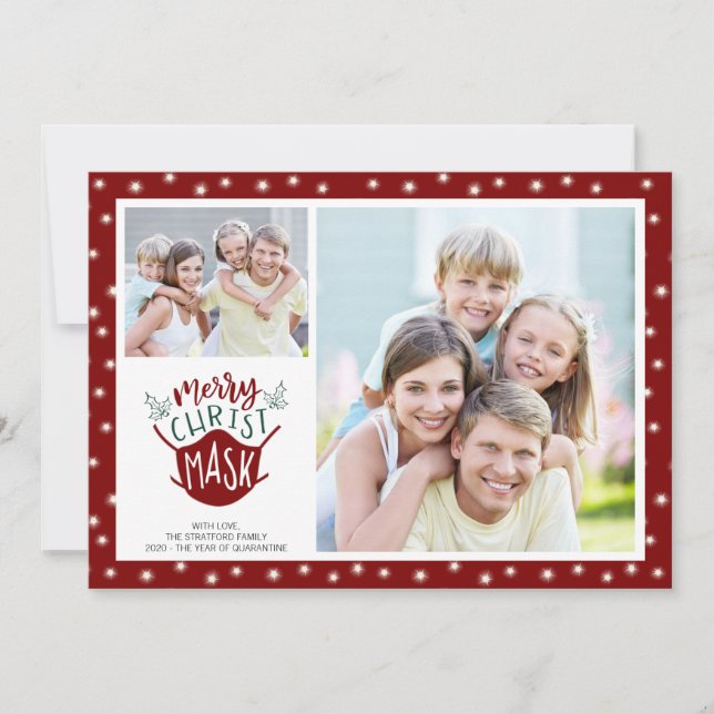 COVID-19 MERRY ChristMASK Fairy Lights 2 Photo Red Holiday Card (Front)