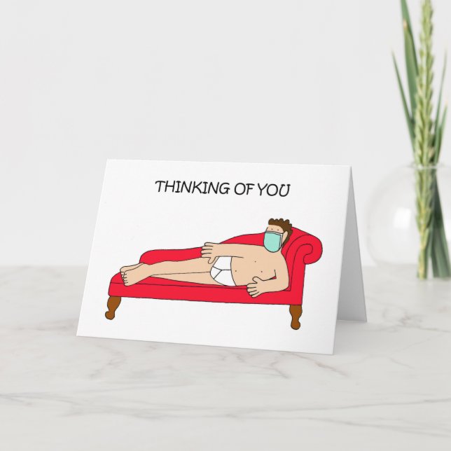 Covid 19 Thinking of You Cartoon Man in Face Mask Card (Front)