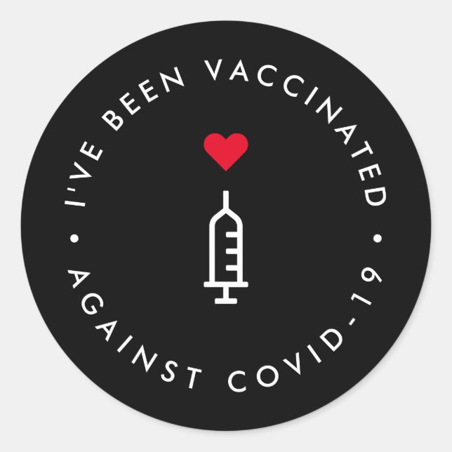 Covid 19 Vaccinated | Modern Black Red Heart Classic Round Sticker (Front)