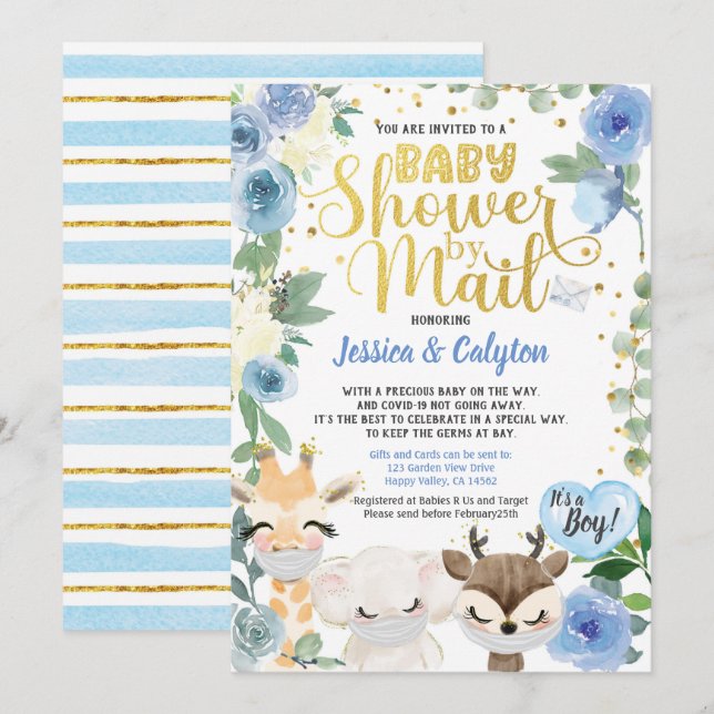 Covid Boy Shower By Mail Pandemic Woodland Animal Invitation (Front/Back)