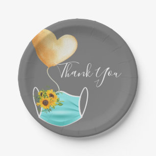 Covid Face Mask & Flowers Thank You Paper Plate