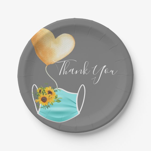 Covid Face Mask & Flowers Thank You Paper Plate (Front)