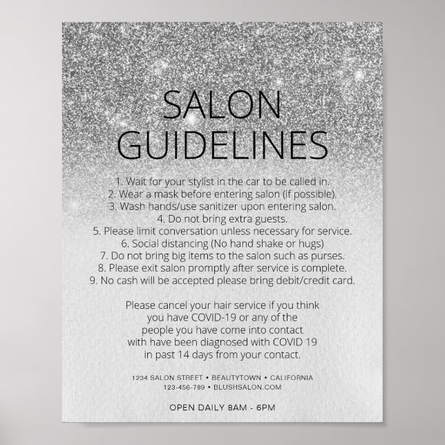 Covid Health Safety Silver Glitter Hair Salon Glam Poster (Front)