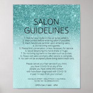 Covid Health Safety Teal Blue Glitter Hair Salon Poster