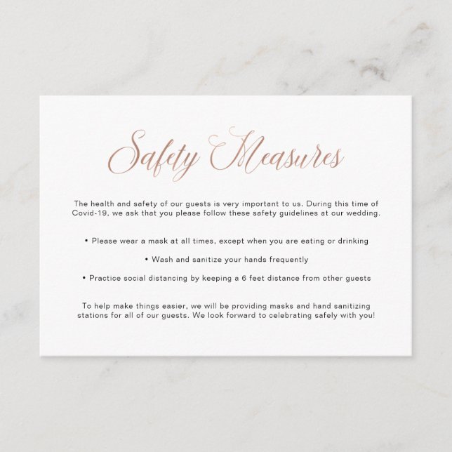 Covid Safety Guidelines | Wedding Rose Gold Enclosure Card (Front)