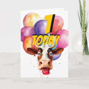 Cow 1st Birthday Balloons Card