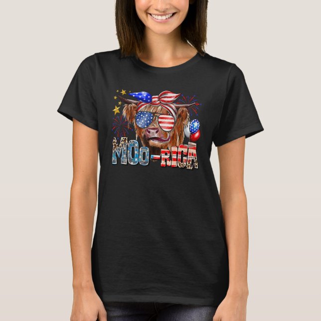 Cow 4th of July USA Flag Sunglasses A Moo Rica T-Shirt (Front)