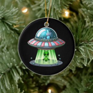 Cow Abducting Alien Ceramic Tree Decoration