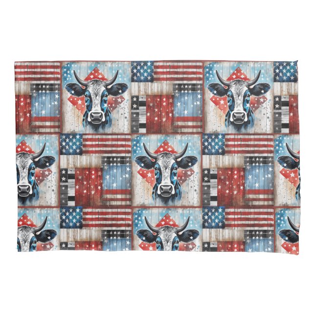 Cow American Flag Folk Art Pillowcase (Front)