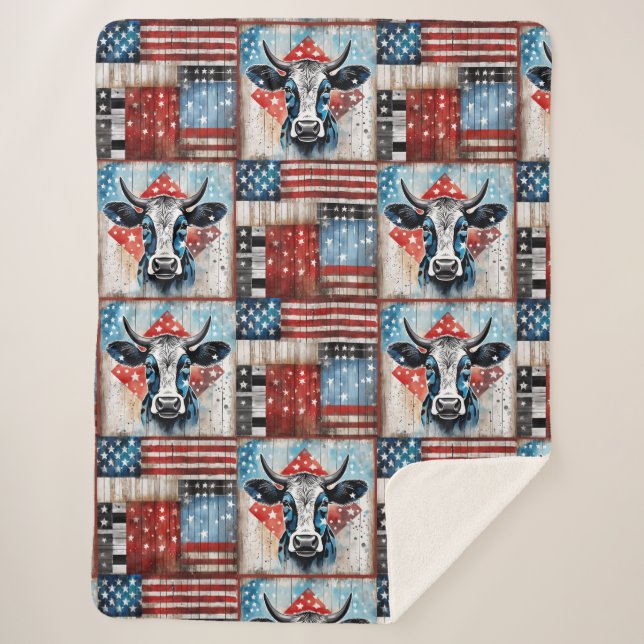 Cow American Flag Folk Art Sherpa Blanket (Front)