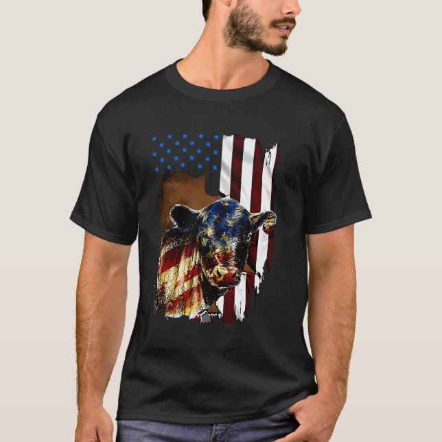 Cow American Flag Heifer Us 4Th Of July Farm Cattl T-Shirt (Front)
