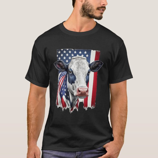 Cow American Flag Heifer US 4th Of July Farm Cattl T-Shirt (Front)
