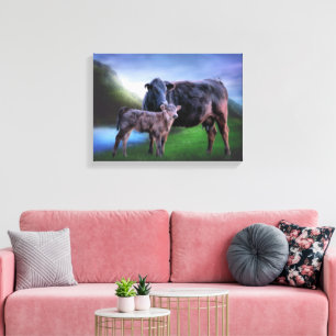Cow and Calf by a Tranquil Lake in Rolling Hills Canvas Print