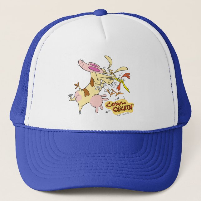 Cow and Chicken Hug Graphic Trucker Hat (Front)