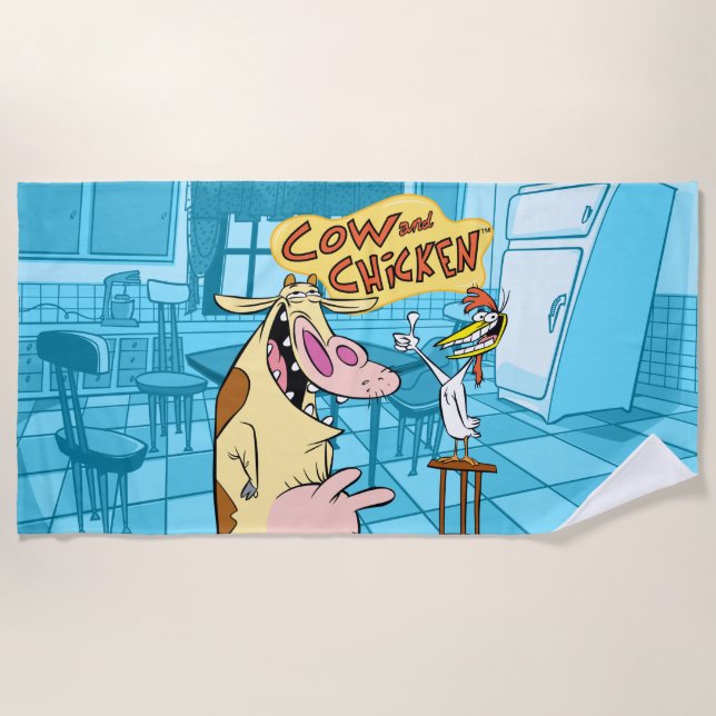 Cow and Chicken Smiling Graphic Beach Towel (Front)